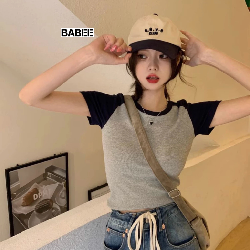 Áo Thun Nữ BABEE Phối Màu Cách Điệu Cầu Vai Chất Thun Dày Dặn Ôm Body Co Giản Cực Thoải Mái