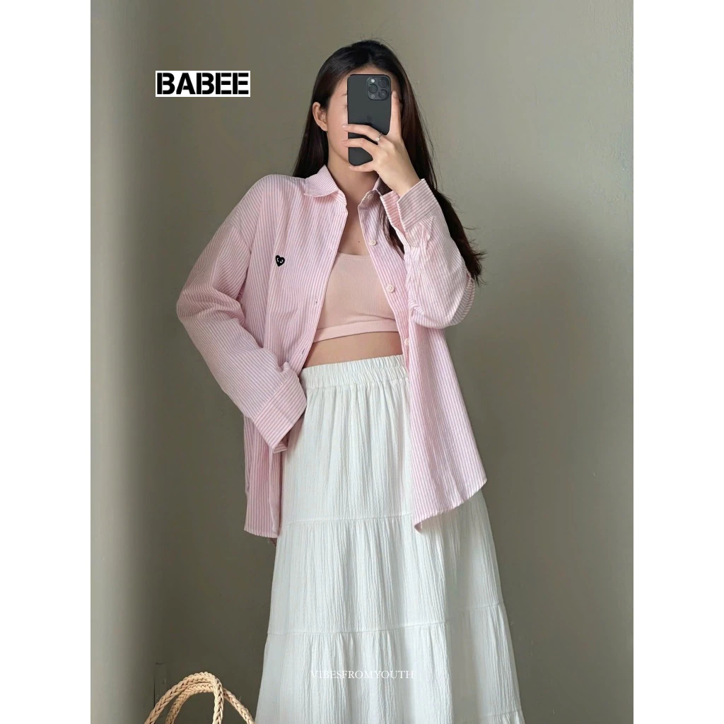 Áo Sơ Mi Nữ BABEE Kẻ Sọc Form Rộng Tay Dài Thêu Trái Tim Xinh Xắn Phong Cách Trẻ Trung Năng Động