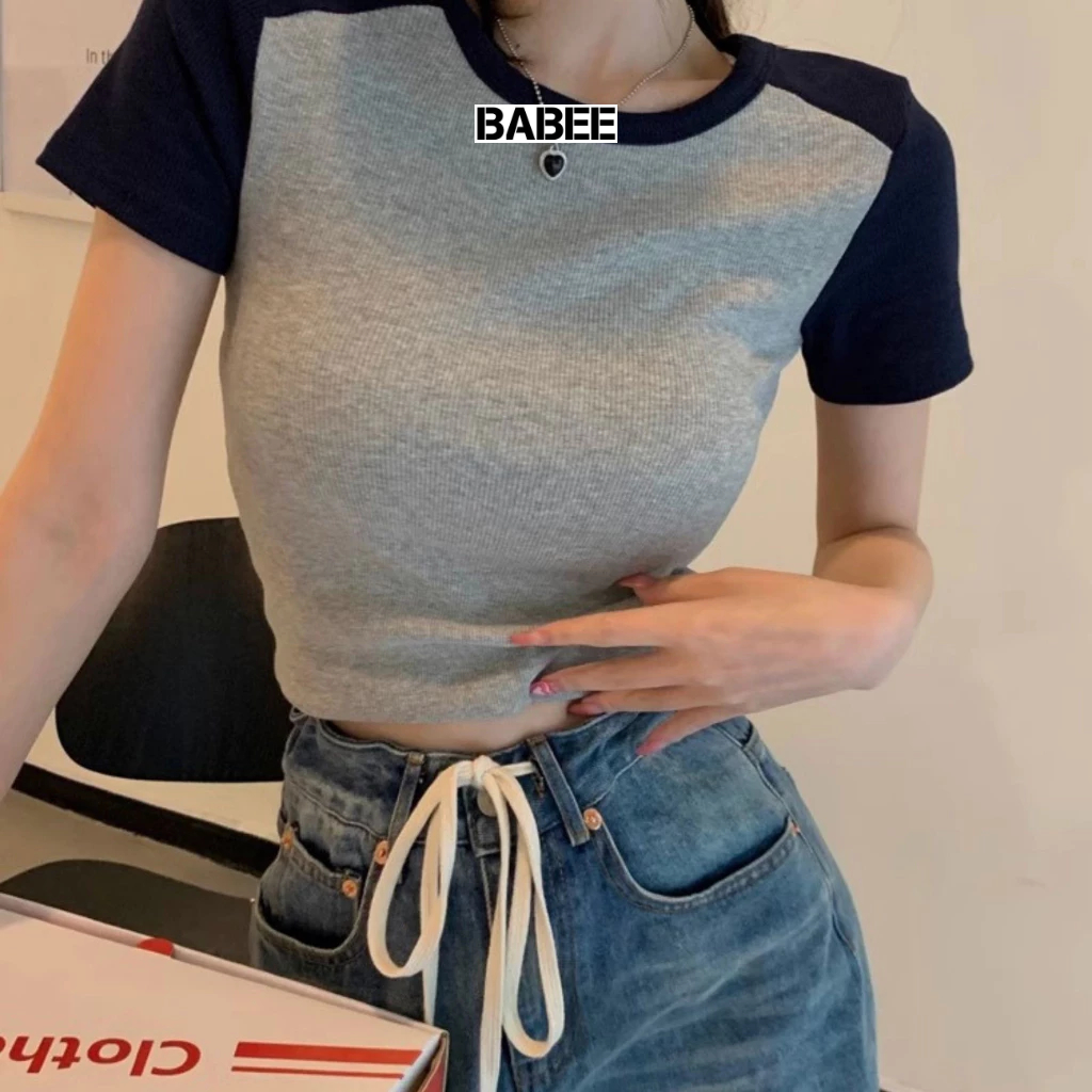 Áo Thun Nữ BABEE Phối Màu Cách Điệu Cầu Vai Chất Thun Dày Dặn Ôm Body Co Giản Cực Thoải Mái