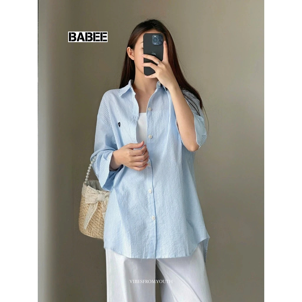 Áo Sơ Mi Nữ BABEE Kẻ Sọc Form Rộng Tay Dài Thêu Trái Tim Xinh Xắn Phong Cách Trẻ Trung Năng Động