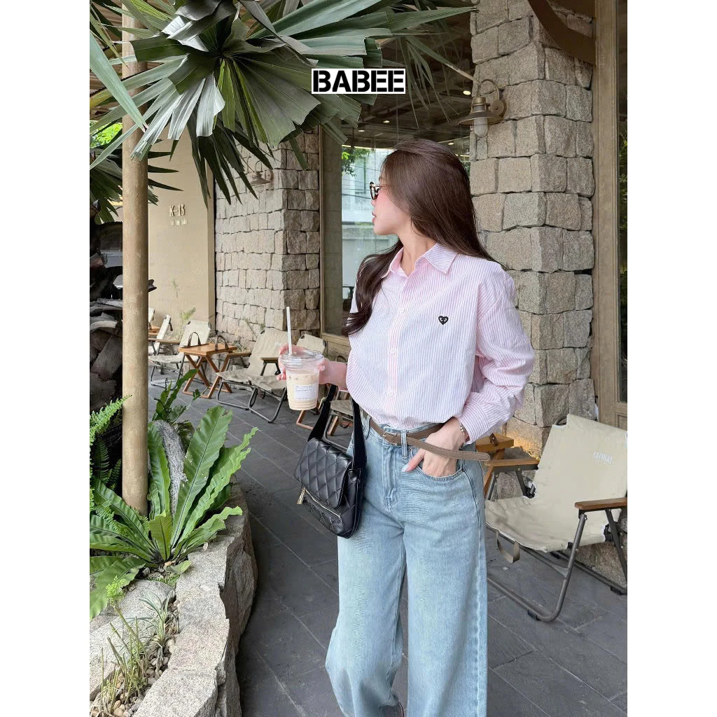 Áo Sơ Mi Nữ BABEE Kẻ Sọc Form Rộng Tay Dài Thêu Trái Tim Xinh Xắn Phong Cách Trẻ Trung Năng Động