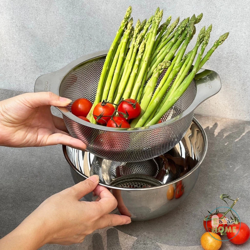 [KAIYO] Bộ thau trộn kèm rổ lưới inox dày dặn Kaiyo, size 20cm và 24cm