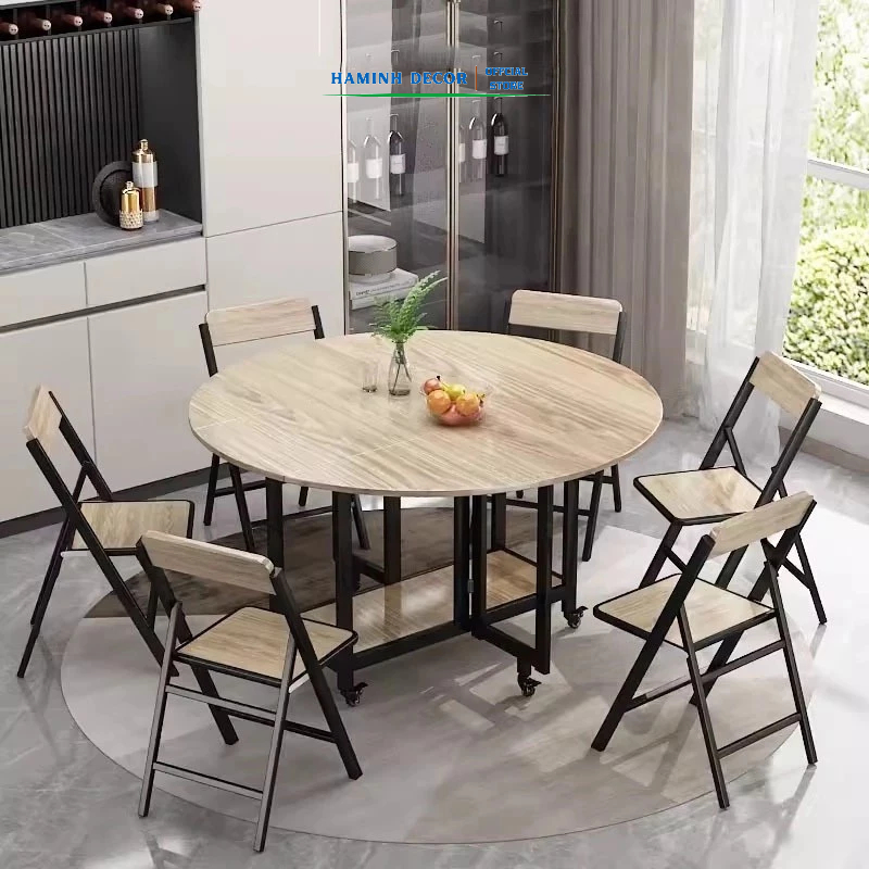 Bộ bàn ăn gấp gọn thông minh lắp hoàn chỉnh có bánh xe dễ dàng di chuyển, chống nước chống xước chống cong vênh HM608
