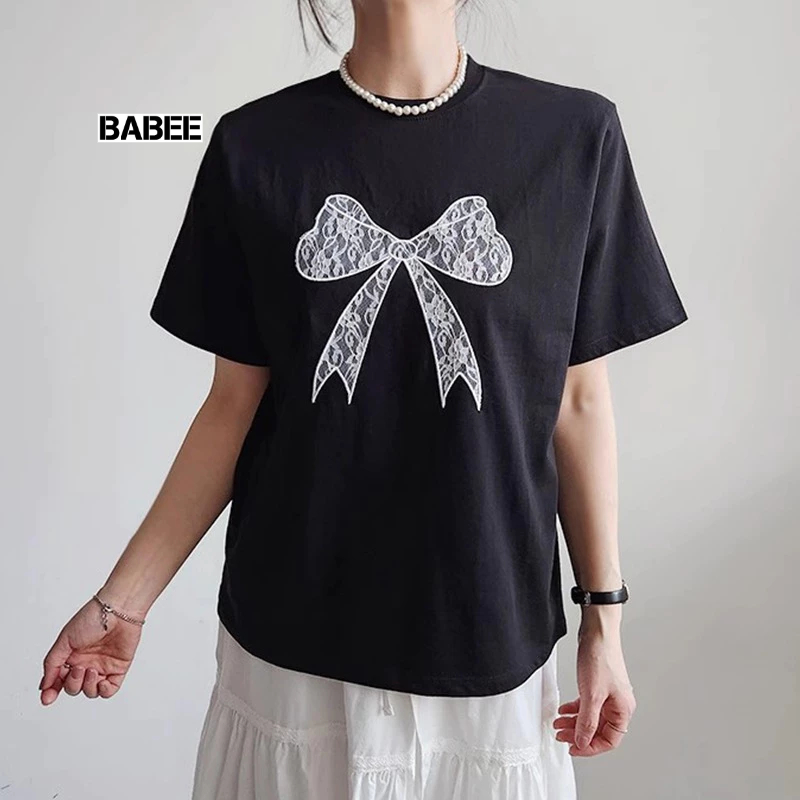 Áo Thun Nữ BABEE Dáng Dài Form Rộng Tay Lỡ In Hình Nơ Xinh Xắn Chất Thun Co Dãn Thoáng Mát