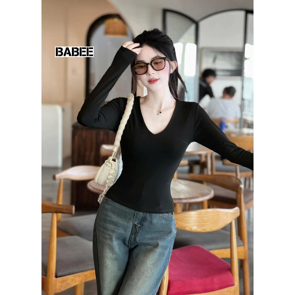 Áo Thun Nữ BABEE Tay Ngắn Và Tay Dài Cổ Tim Form Ôm Không Viền May Chất Thun Borip Co Dãn Mịn Mát