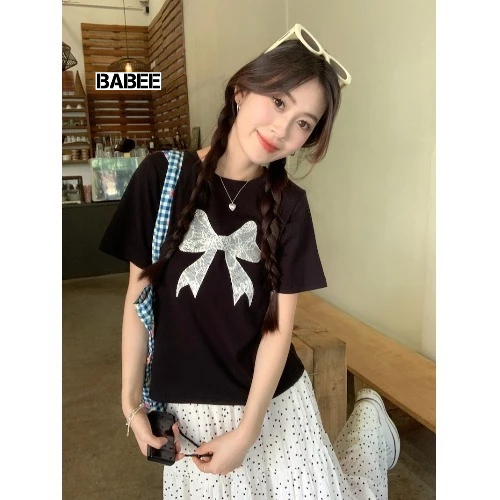 Áo Thun Nữ BABEE Dáng Dài Form Rộng Tay Lỡ In Hình Nơ Xinh Xắn Chất Thun Co Dãn Thoáng Mát