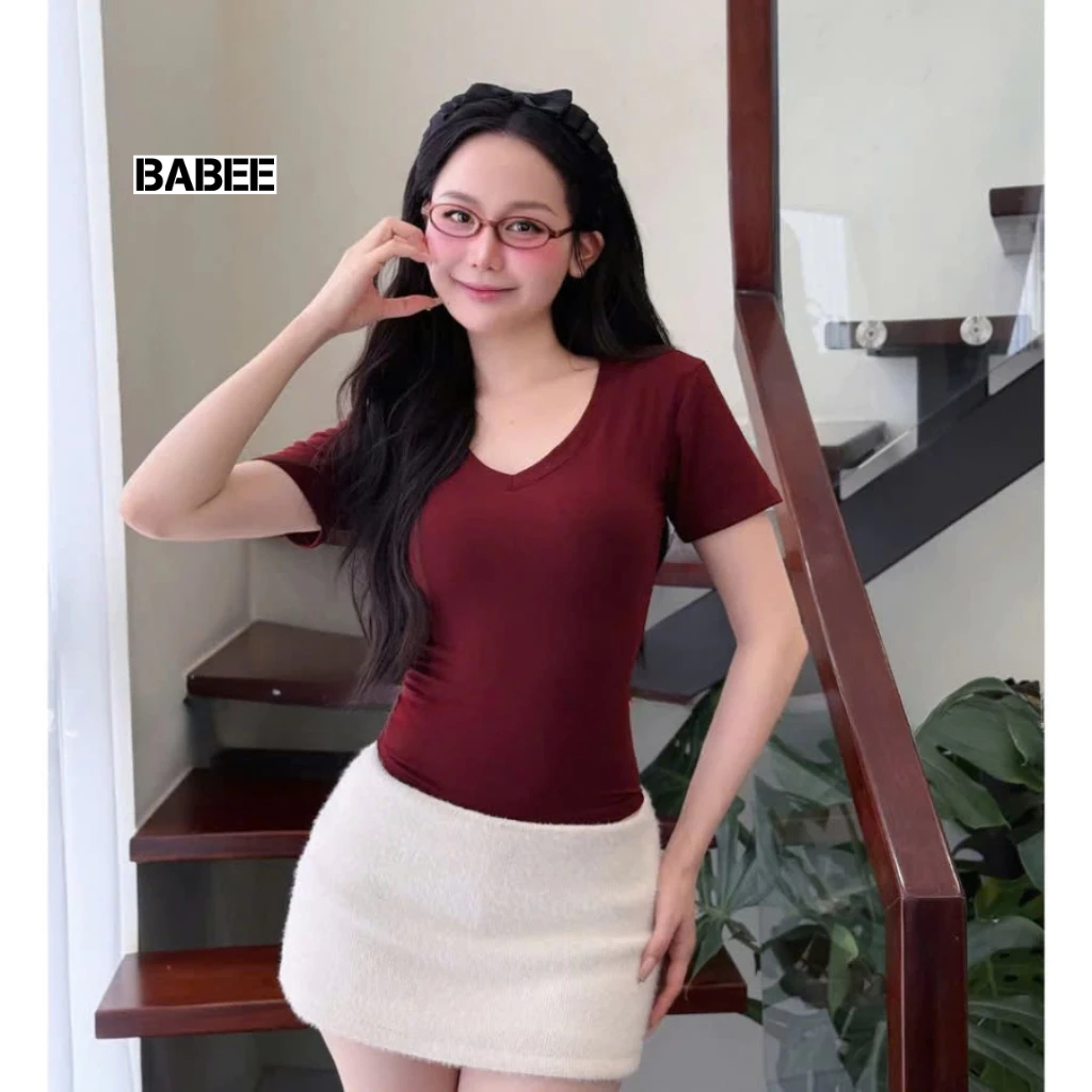 Áo Thun Nữ BABEE Tay Ngắn Trơn Cổ Tim Có Đệm Vai Siêu Hách Dáng Chất Cotton Lông Mịn Mềm Mại
