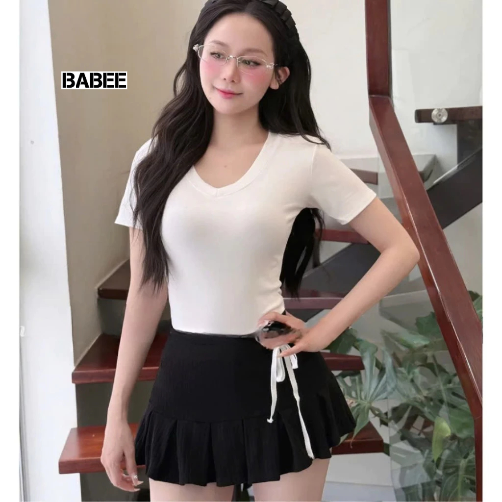 Áo Thun Nữ BABEE Tay Ngắn Trơn Cổ Tim Có Đệm Vai Siêu Hách Dáng Chất Cotton Lông Mịn Mềm Mại