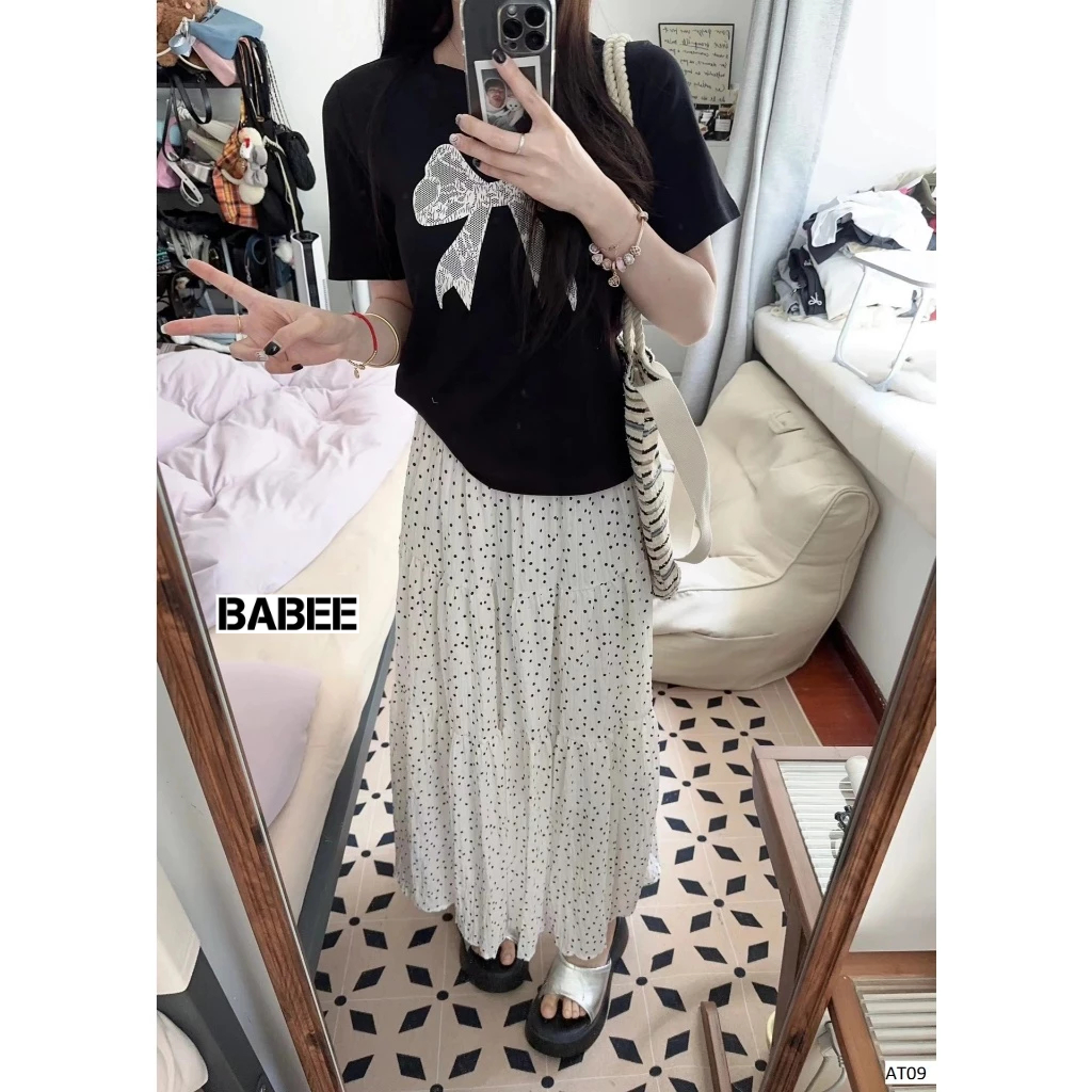 Áo Thun Nữ BABEE Dáng Dài Form Rộng Tay Lỡ In Hình Nơ Xinh Xắn Chất Thun Co Dãn Thoáng Mát