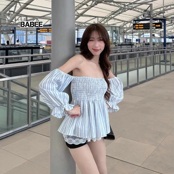Áo Trễ Vai Nữ BABEE Tay Lửng Phồng Có Bo Chun Nhún Ngực Ôm Sát Thiết Kế Dễ Thương Sang Trọng