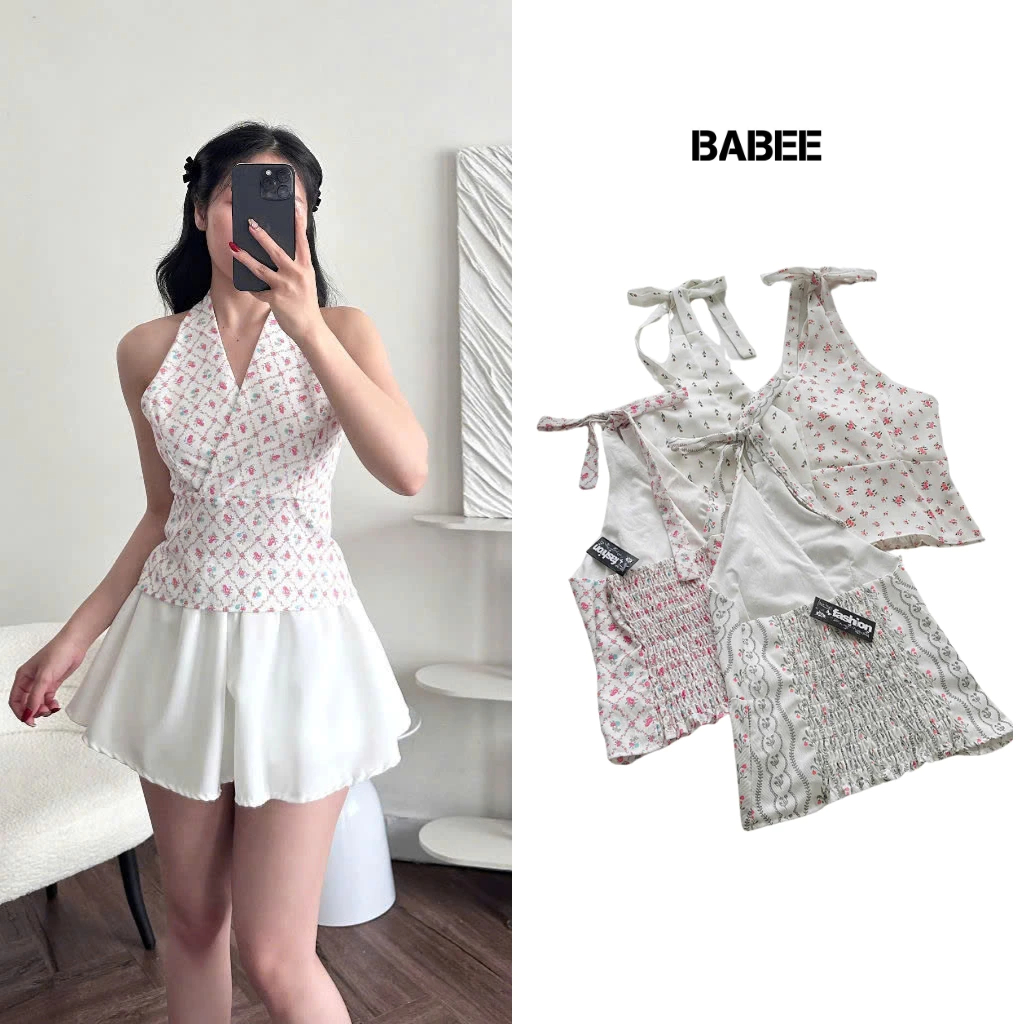 Áo Cổ Yếm Nữ BABEE Kiểu Họa Tiết Hoa Linen 2 Dây Hở Lưng Gợi Cảm Sang Trọng Quyến Rũ