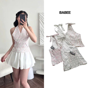Áo Cổ Yếm Nữ BABEE Kiểu Họa Tiết Hoa Linen 2 Dây Hở Lưng Gợi Cảm Sang Trọng Quyến Rũ