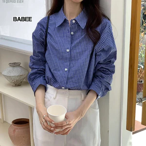 Áo Sơ Mi Nữ BABEE Form Rộng Tay Ngắn Tay Dài Kẻ Caro Xanh Đậm Xinh Xắn Phong Cách Basic Trẻ Trung