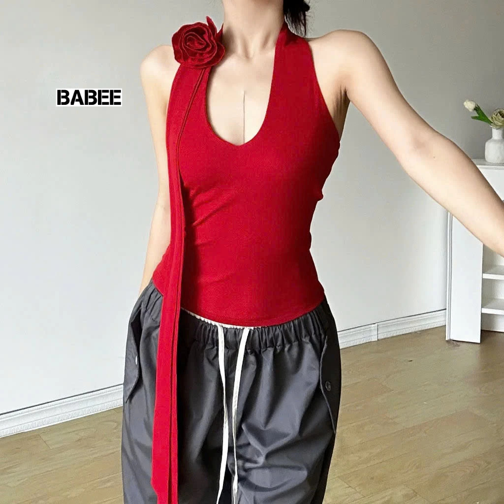 Áo Kiểu Nữ BABEE Cổ Yếm Hở Lưng Gợi Cảm 3D Hoa Phối Dây Cá Tính Chất Thun Co Dãn Thoải Mái Mềm Mại