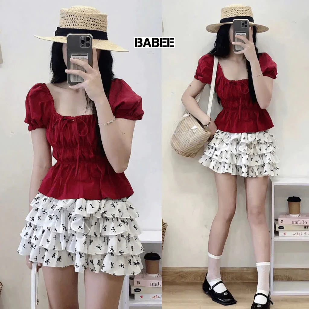 Áo Kiểu Nữ BABEE Cổ U Tay Ngắn Phồng Cột Nơ Bo Chun Thân Chất Linen Mềm Mát Phong Cách Dễ Thương