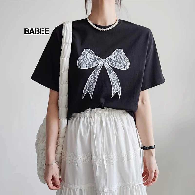 Áo Thun Nữ BABEE Dáng Dài Form Rộng Tay Lỡ In Hình Nơ Xinh Xắn Chất Thun Co Dãn Thoáng Mát