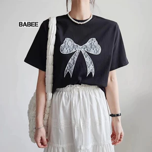 Áo Thun Nữ BABEE Dáng Dài Form Rộng Tay Lỡ In Hình Nơ Xinh Xắn Chất Thun Co Dãn Thoáng Mát