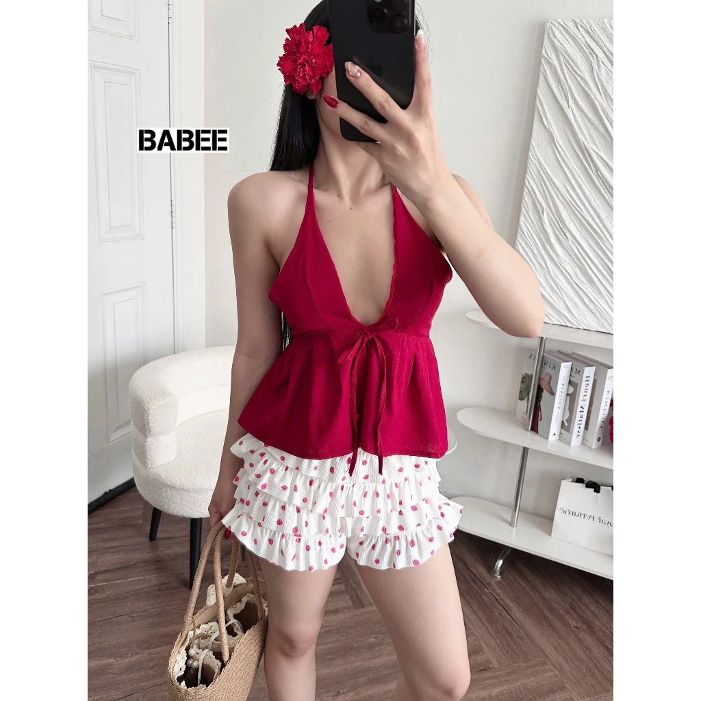Áo Cổ Yếm Nữ BABEE Hai Dây Hở Lưng Buộc Nơ Chất Linen Mềm Mịn Kiểu Dáng Sang Trọng Quyến Rũ