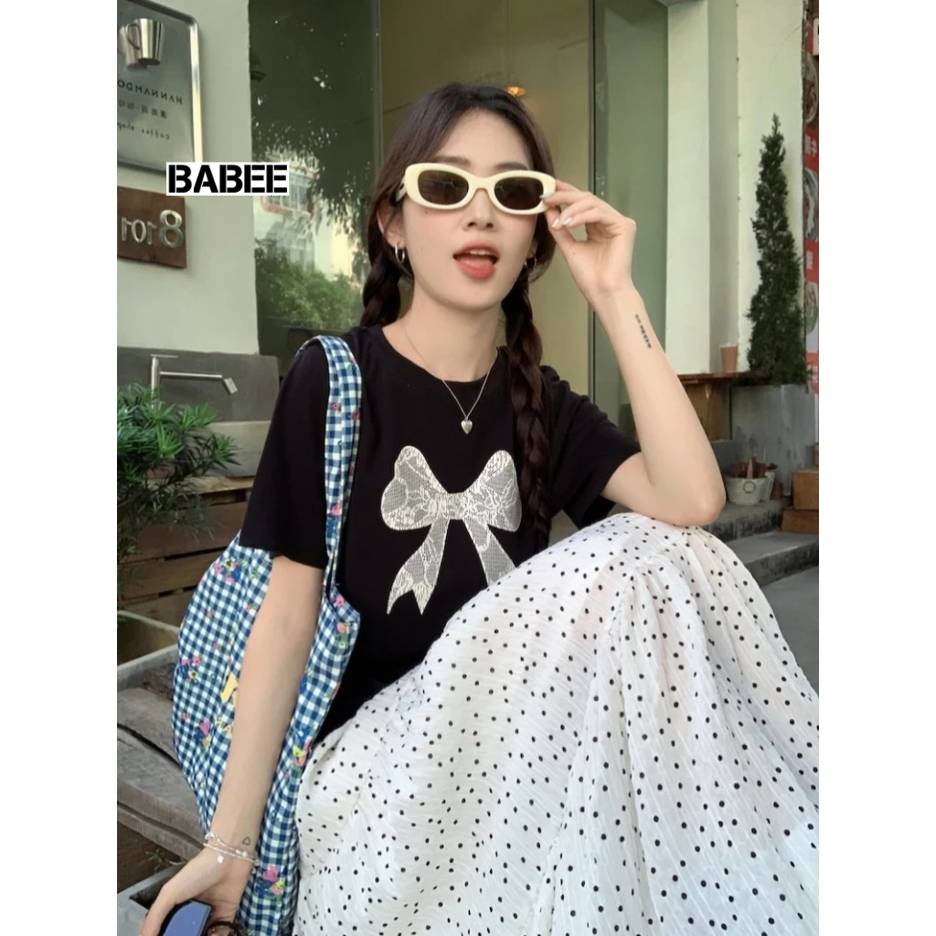 Áo Thun Nữ BABEE Dáng Dài Form Rộng Tay Lỡ In Hình Nơ Xinh Xắn Chất Thun Co Dãn Thoáng Mát