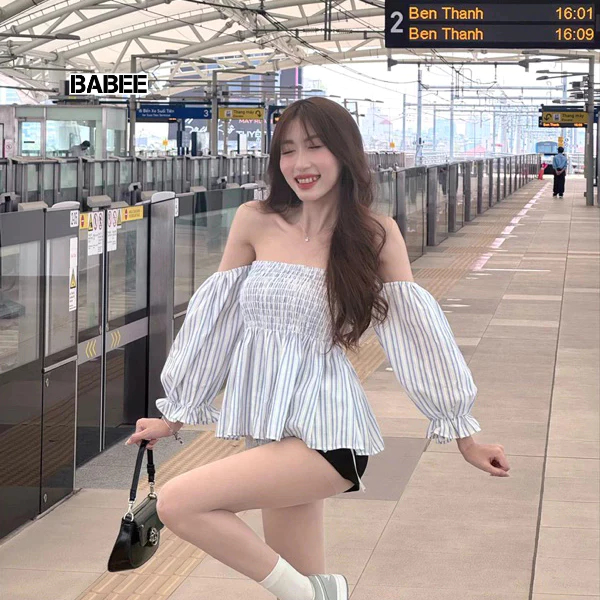 Áo Trễ Vai Nữ BABEE Tay Lửng Phồng Có Bo Chun Nhún Ngực Ôm Sát Thiết Kế Dễ Thương Sang Trọng