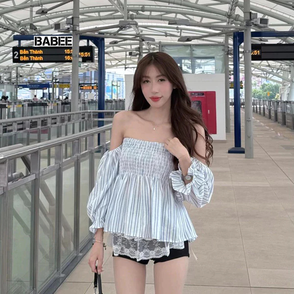 Áo Trễ Vai Nữ BABEE Tay Lửng Phồng Có Bo Chun Nhún Ngực Ôm Sát Thiết Kế Dễ Thương Sang Trọng