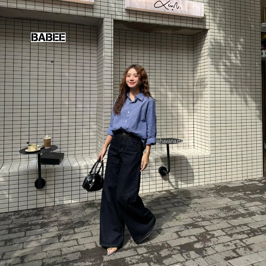 Áo Sơ Mi Nữ BABEE Form Rộng Tay Ngắn Tay Dài Kẻ Caro Xanh Đậm Xinh Xắn Phong Cách Basic Trẻ Trung