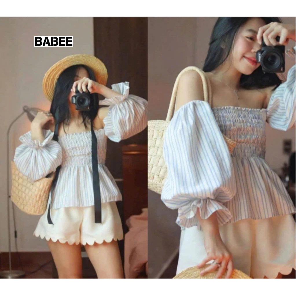 Áo Trễ Vai Nữ BABEE Tay Lửng Phồng Có Bo Chun Nhún Ngực Ôm Sát Thiết Kế Dễ Thương Sang Trọng