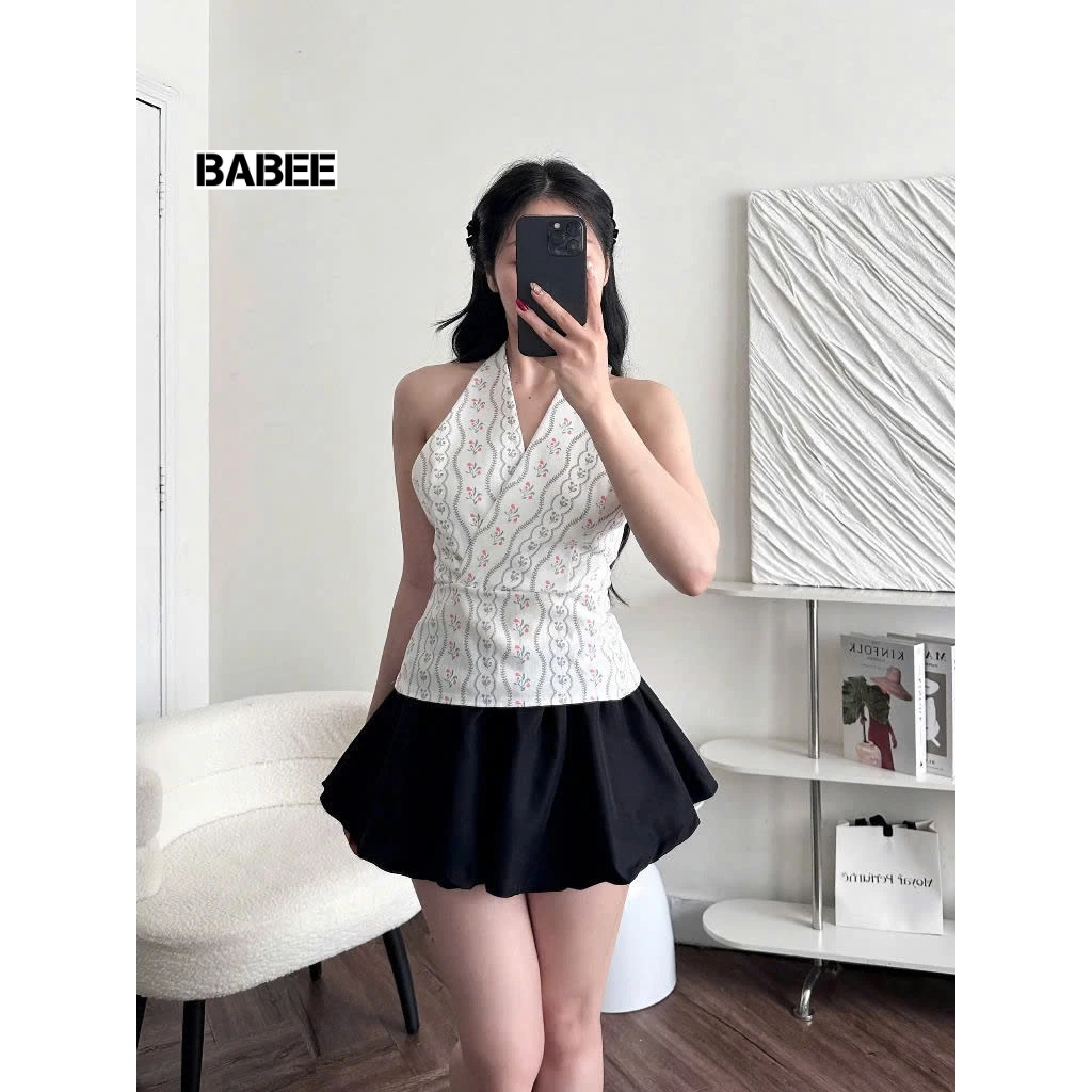 Áo Cổ Yếm Nữ BABEE Kiểu Họa Tiết Hoa Linen 2 Dây Hở Lưng Gợi Cảm Sang Trọng Quyến Rũ