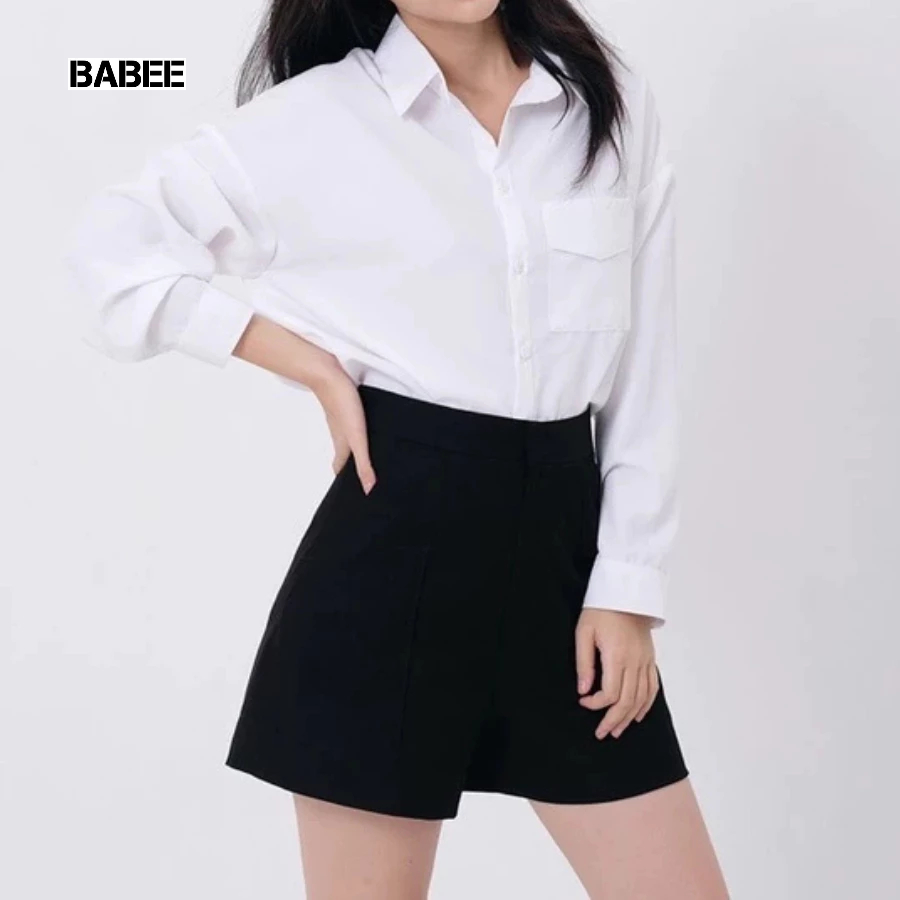 Quần Đùi Nữ BABEE Ống Rộng Cạp Cao Cúc Cài Cá Tính Sang Trọng Quyến Rũ Phong Cách Hàn Quốc