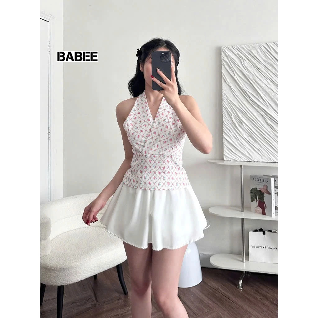 Áo Cổ Yếm Nữ BABEE Kiểu Họa Tiết Hoa Linen 2 Dây Hở Lưng Gợi Cảm Sang Trọng Quyến Rũ