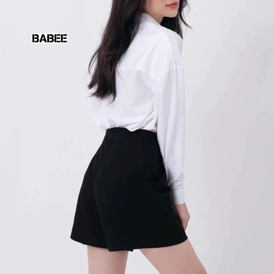 Quần Đùi Nữ BABEE Ống Rộng Cạp Cao Cúc Cài Cá Tính Sang Trọng Quyến Rũ Phong Cách Hàn Quốc