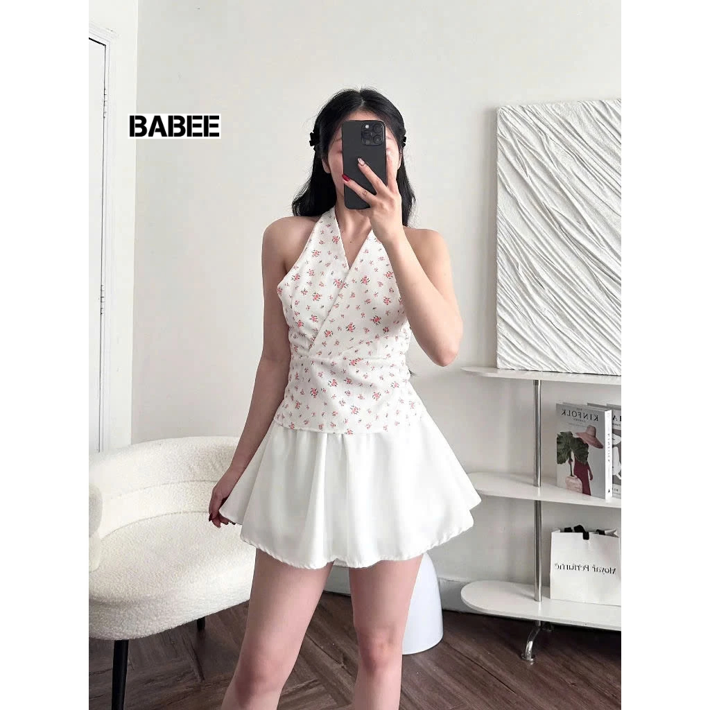 Áo Cổ Yếm Nữ BABEE Kiểu Họa Tiết Hoa Linen 2 Dây Hở Lưng Gợi Cảm Sang Trọng Quyến Rũ