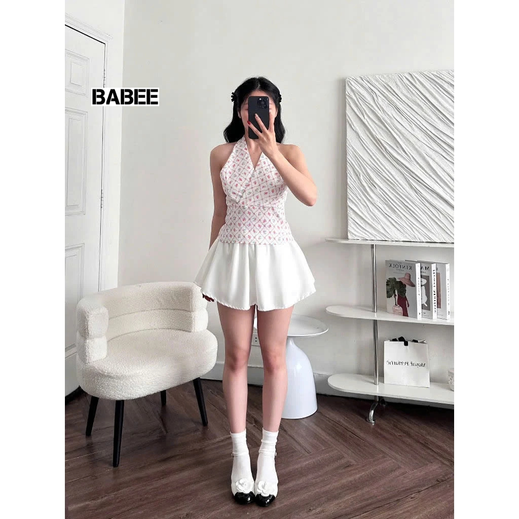 Áo Cổ Yếm Nữ BABEE Kiểu Họa Tiết Hoa Linen 2 Dây Hở Lưng Gợi Cảm Sang Trọng Quyến Rũ