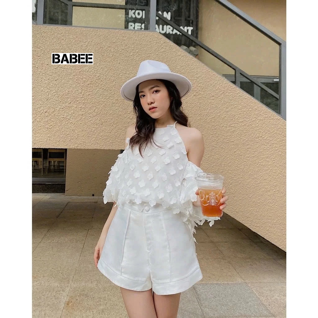 Quần Đùi Nữ BABEE Ống Rộng Cạp Cao Cúc Cài Cá Tính Sang Trọng Quyến Rũ Phong Cách Hàn Quốc