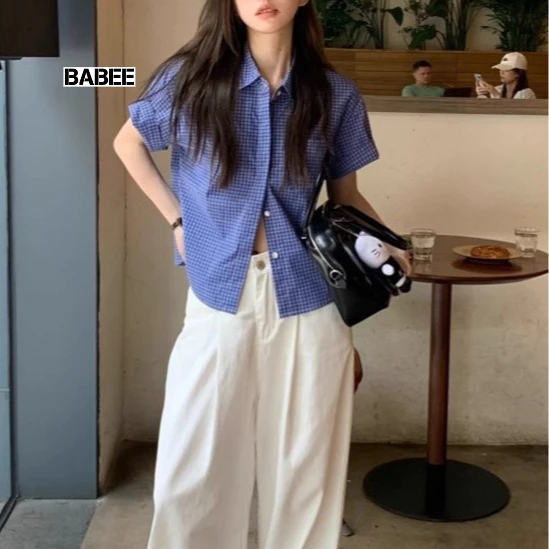 Áo Sơ Mi Nữ BABEE Form Rộng Tay Ngắn Tay Dài Kẻ Caro Xanh Đậm Xinh Xắn Phong Cách Basic Trẻ Trung