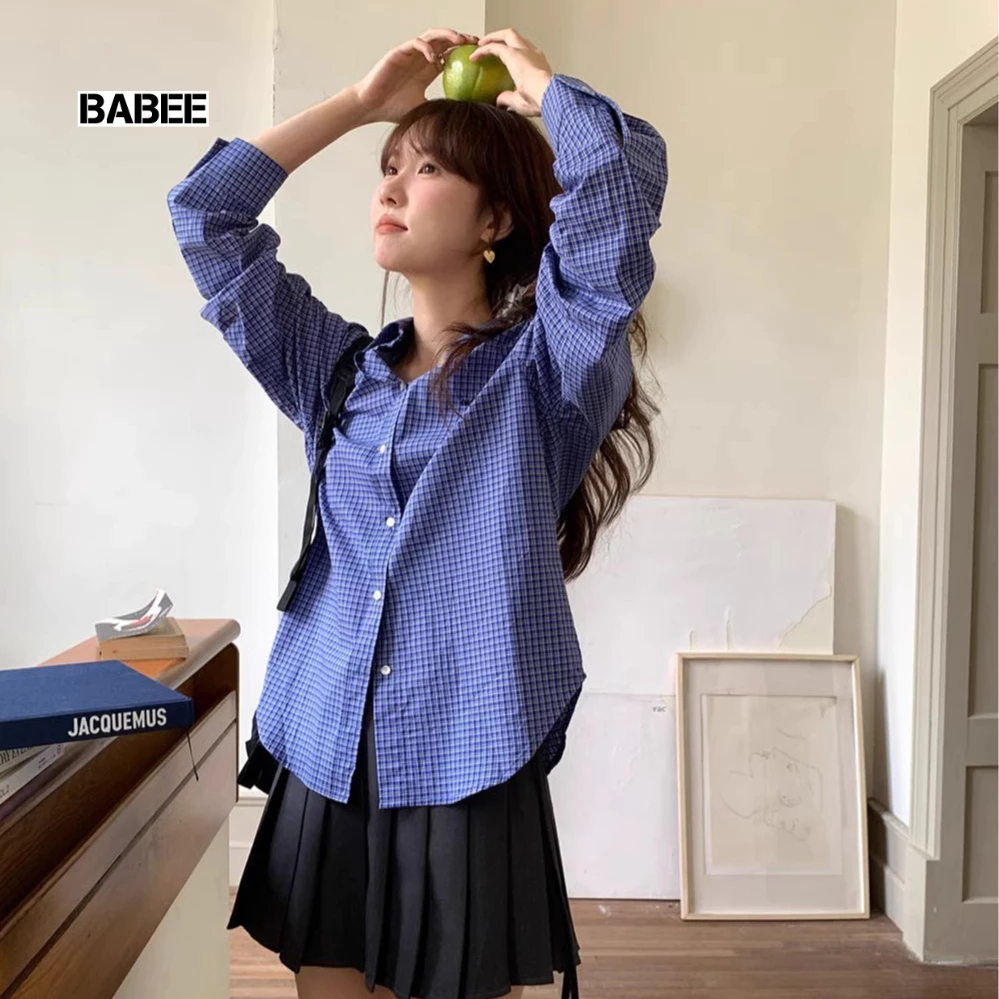 Áo Sơ Mi Nữ BABEE Form Rộng Tay Ngắn Tay Dài Kẻ Caro Xanh Đậm Xinh Xắn Phong Cách Basic Trẻ Trung