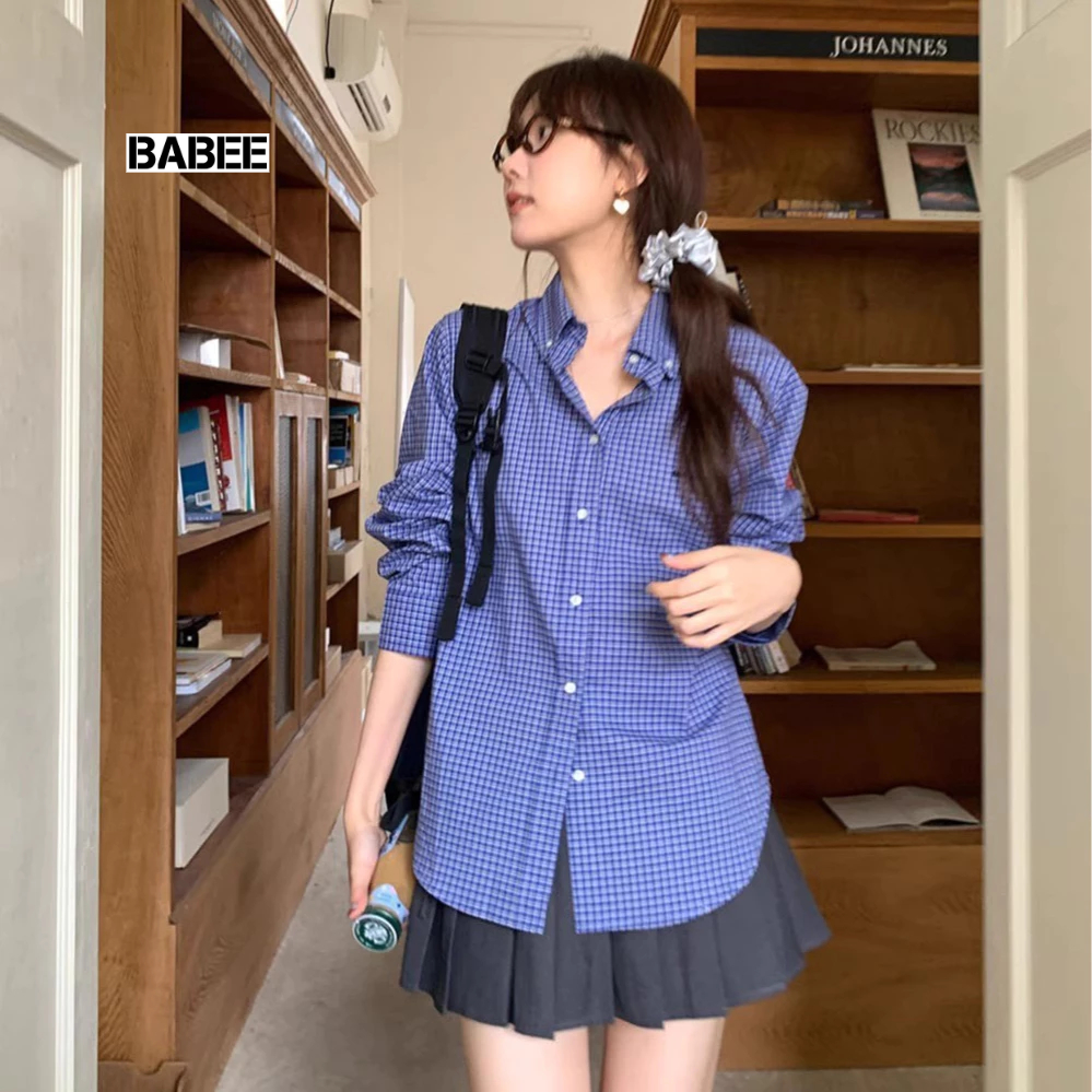 Áo Sơ Mi Nữ BABEE Form Rộng Tay Ngắn Tay Dài Kẻ Caro Xanh Đậm Xinh Xắn Phong Cách Basic Trẻ Trung