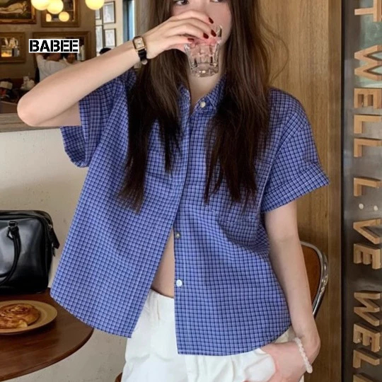 Áo Sơ Mi Nữ BABEE Form Rộng Tay Ngắn Tay Dài Kẻ Caro Xanh Đậm Xinh Xắn Phong Cách Basic Trẻ Trung