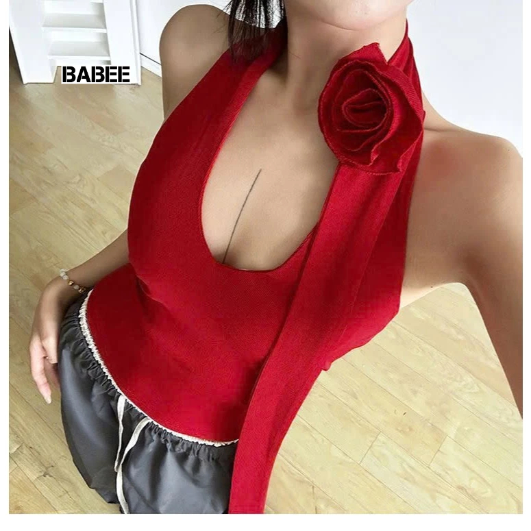 Áo Kiểu Nữ BABEE Cổ Yếm Hở Lưng Gợi Cảm 3D Hoa Phối Dây Cá Tính Chất Thun Co Dãn Thoải Mái Mềm Mại