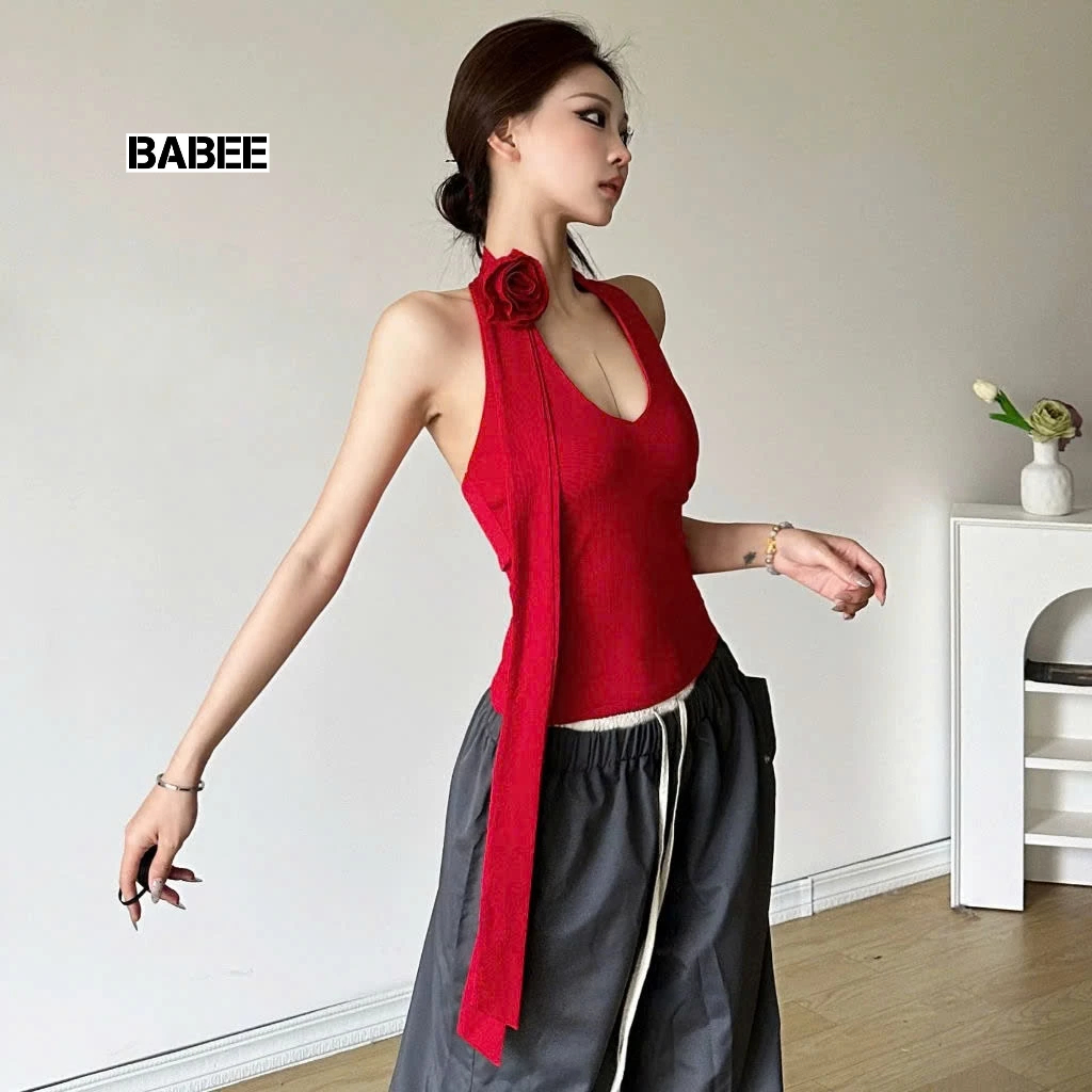 Áo Kiểu Nữ BABEE Cổ Yếm Hở Lưng Gợi Cảm 3D Hoa Phối Dây Cá Tính Chất Thun Co Dãn Thoải Mái Mềm Mại