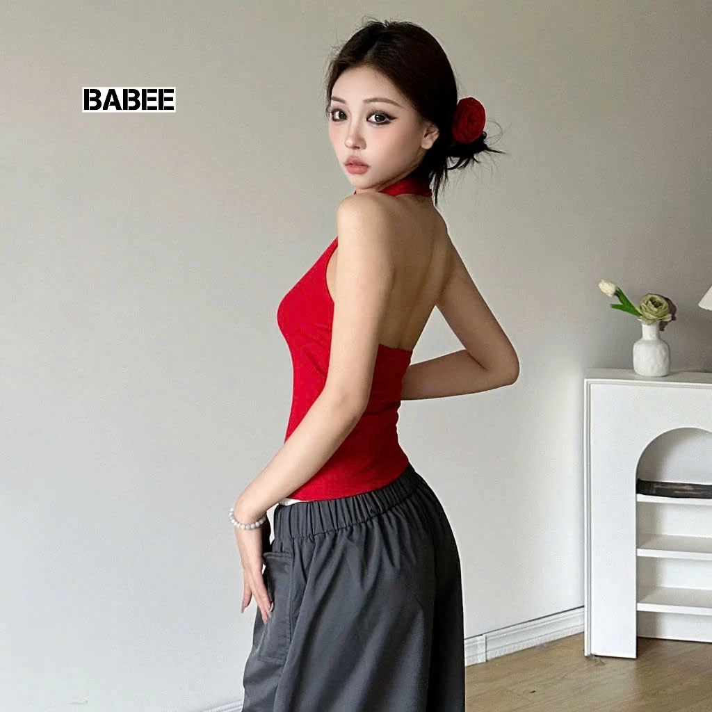 Áo Kiểu Nữ BABEE Cổ Yếm Hở Lưng Gợi Cảm 3D Hoa Phối Dây Cá Tính Chất Thun Co Dãn Thoải Mái Mềm Mại