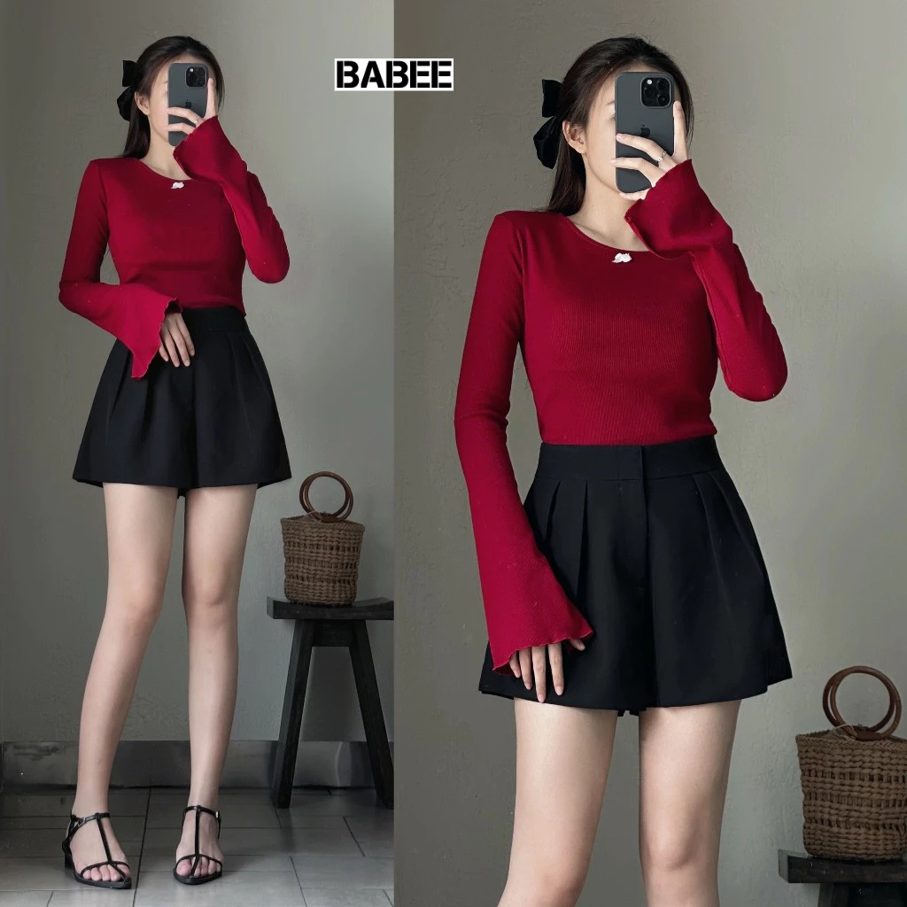 Áo Thun Nữ BABEE Trễ Vai Cổ Thuyền Tay Dài Loe Phối Nơ Chất Thun Borip Co Dãn Mịn Mát