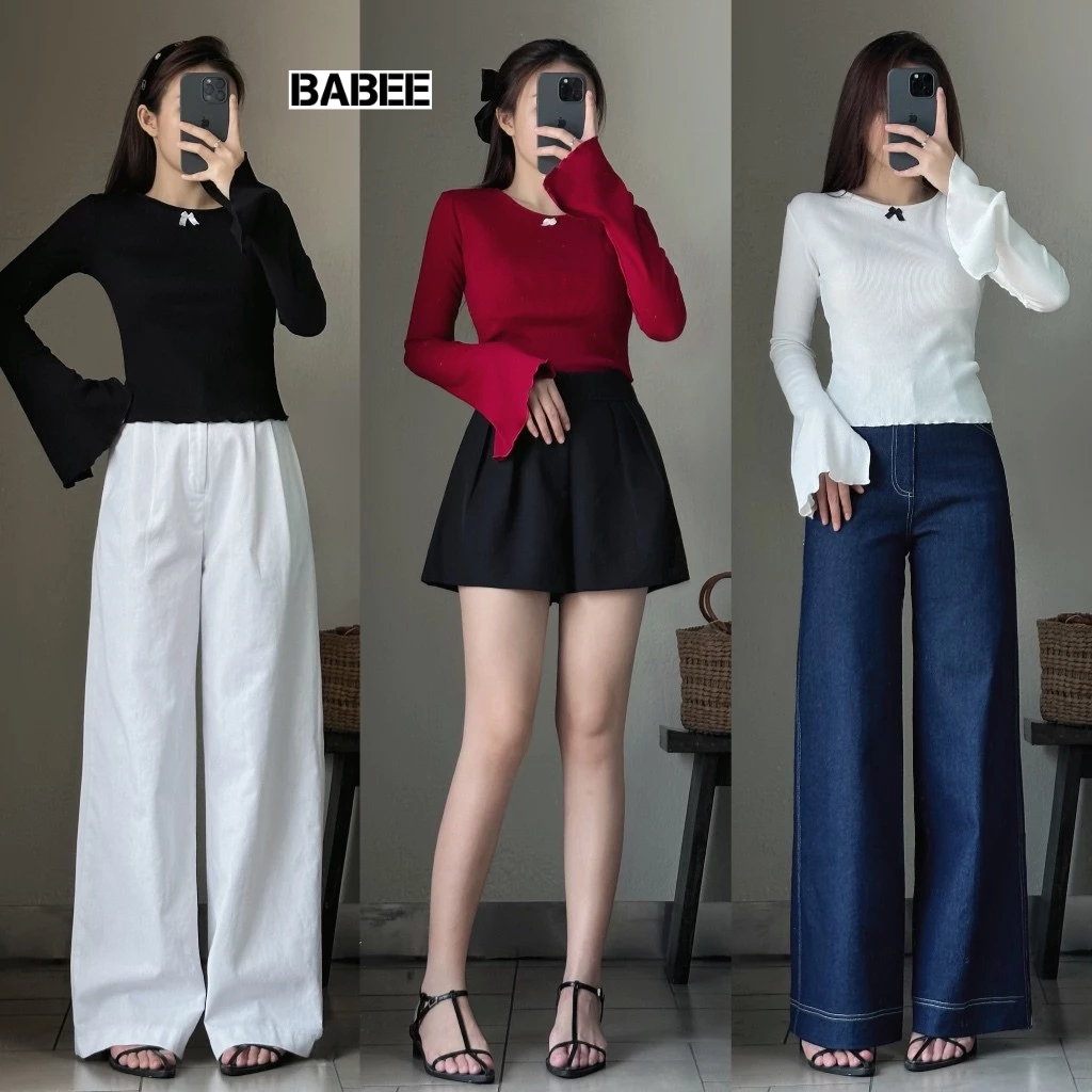 Áo Thun Nữ BABEE Trễ Vai Cổ Thuyền Tay Dài Loe Phối Nơ Chất Thun Borip Co Dãn Mịn Mát