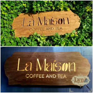 Bảng hiệu gỗ đèn led CNC quán cafe. LamDecor miễn phí thiết kế nội dung theo yêu cầu