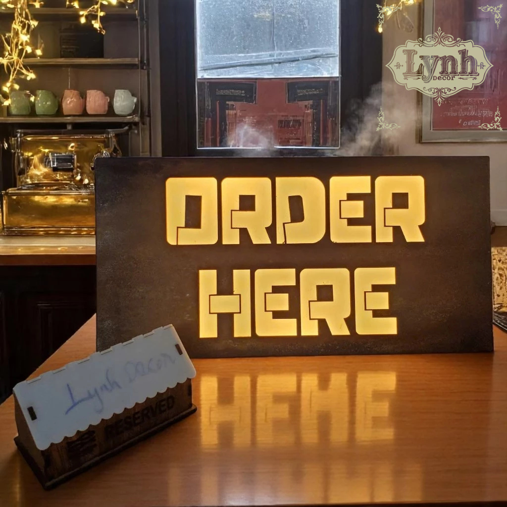 Bảng hiệu sắt Rỉ sét Order Here đèn LED treo tường ngoài trời, LYNHDECOR