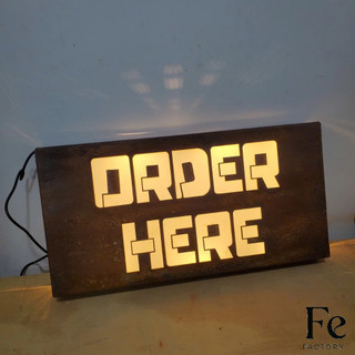 Bảng hiệu sắt Rỉ sét Order Here đèn LED treo tường ngoài trời, MIỄN PHÍ THIẾT KẾ - FeFACTORY