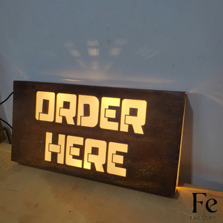 Bảng hiệu sắt Rỉ sét Order Here đèn LED treo tường ngoài trời, MIỄN PHÍ THIẾT KẾ - FeFACTORY