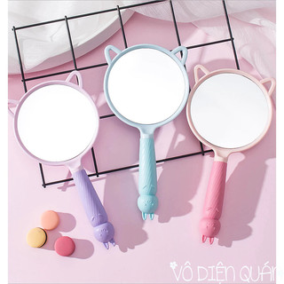 Gương Soi Trang Điểm Cầm Tay Tai Mèo Màu Pastel Bánh Bèo Cute