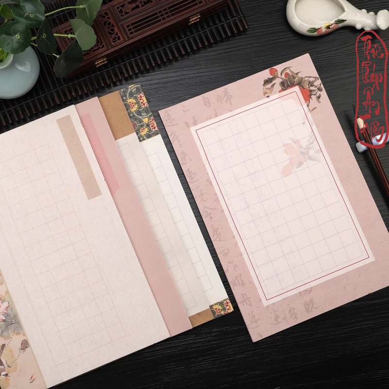 20 Tờ Giấy Xuyến Chỉ Kẻ Ô Tiểu Khải Cổ Phong Thủy Mặc Hoa Sen Luyện Viết Thư Pháp