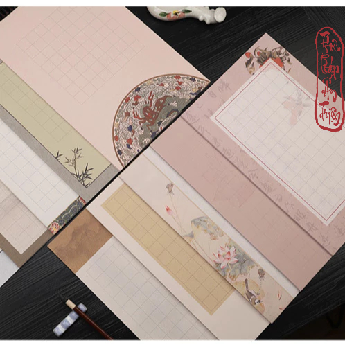 20 Tờ Giấy Xuyến Chỉ Kẻ Ô Luyện Viết Thư Pháp Tiểu Khải Cổ Phong Thủy Mặc Hoa Sen